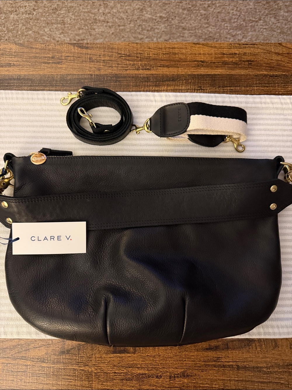 Clare V Black Moyen Messenger Shoulder Bag w/ additional Striped Strap